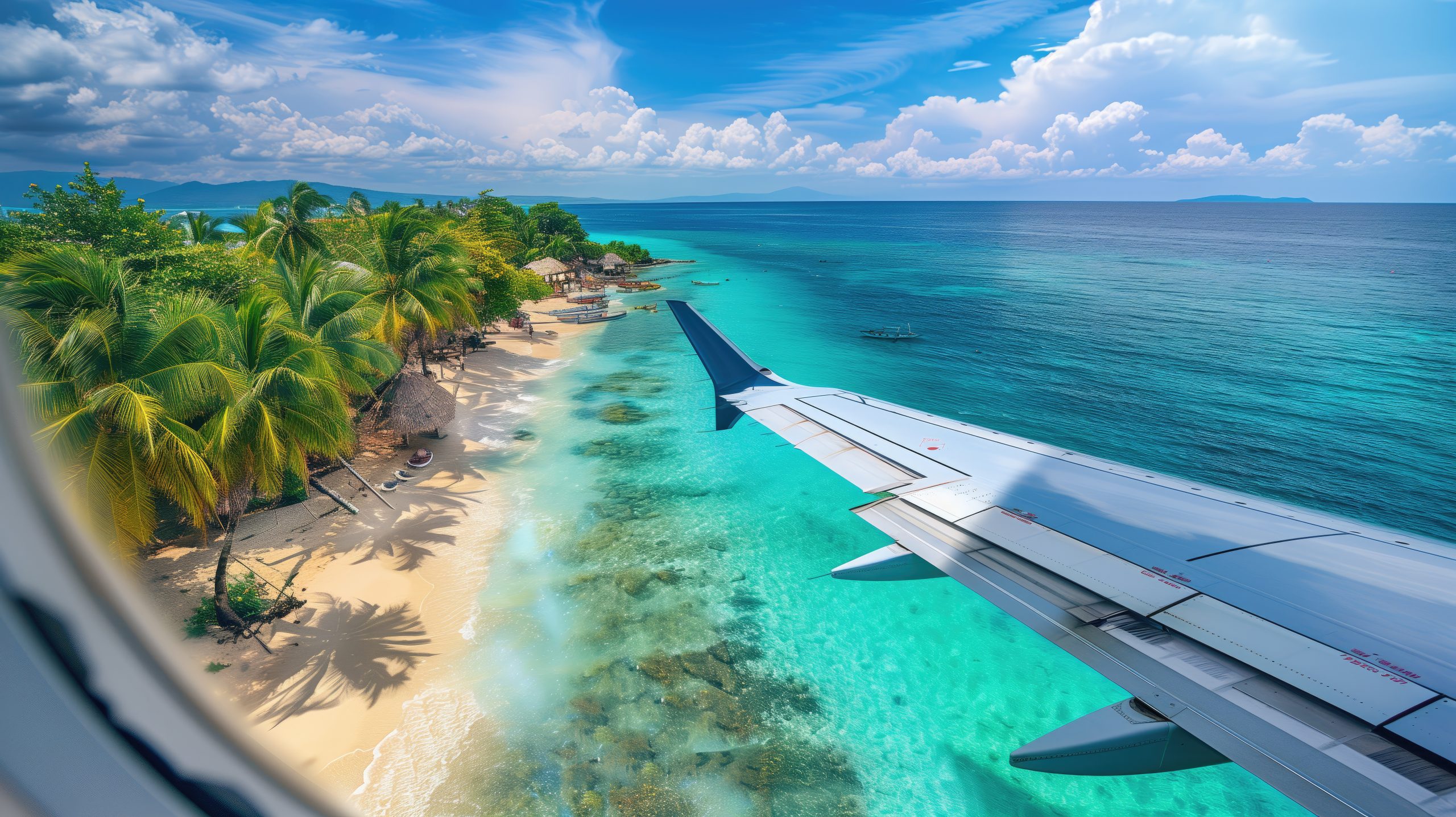 Vue aérienne d’une plage tropicale aux eaux turquoise depuis le hublot d’un avion, avec l’aile visible au premier plan.